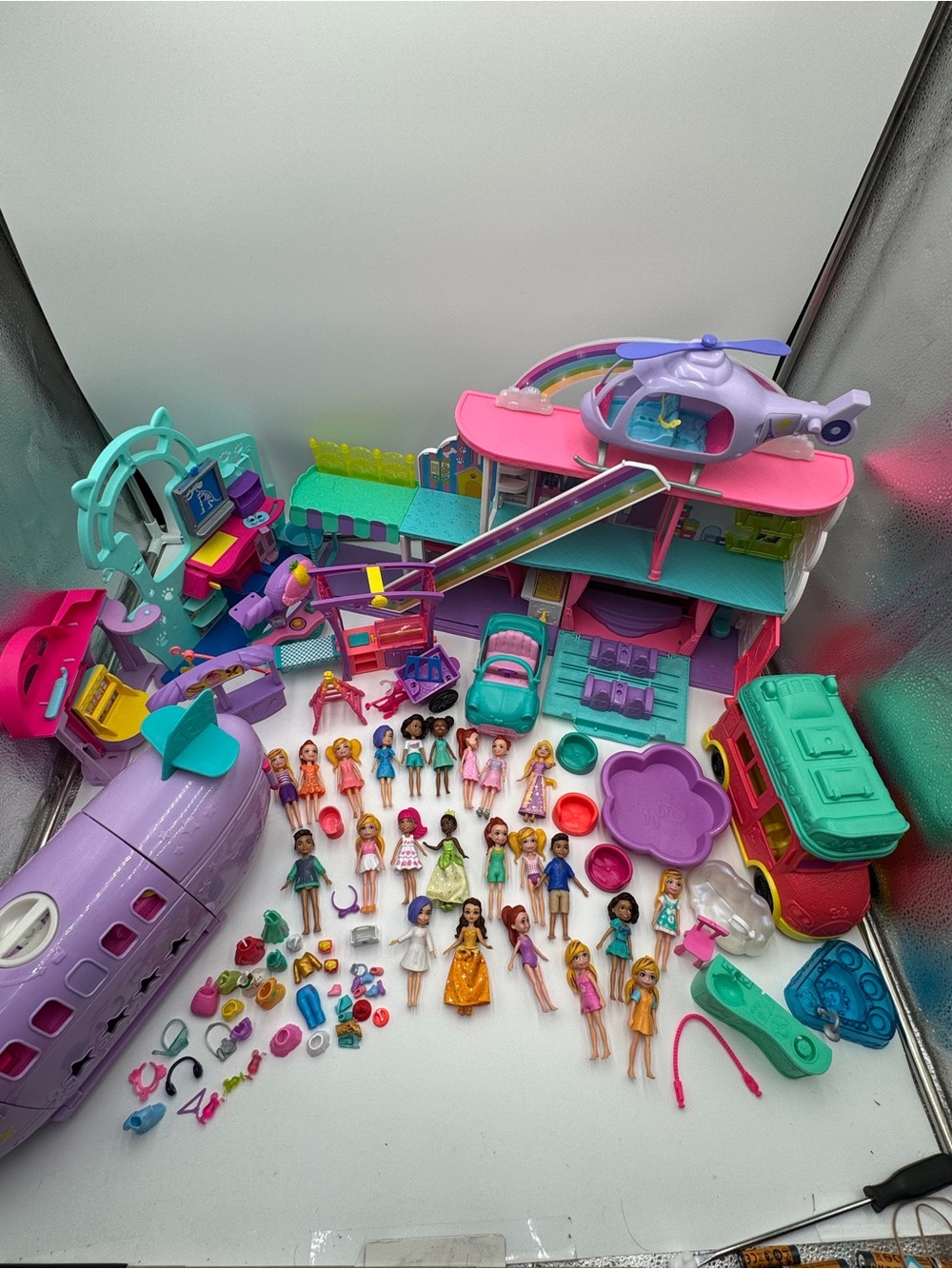 Polly Pocket Huge Playset Doll Accessory Lot Airplane Camper Mall Mattel